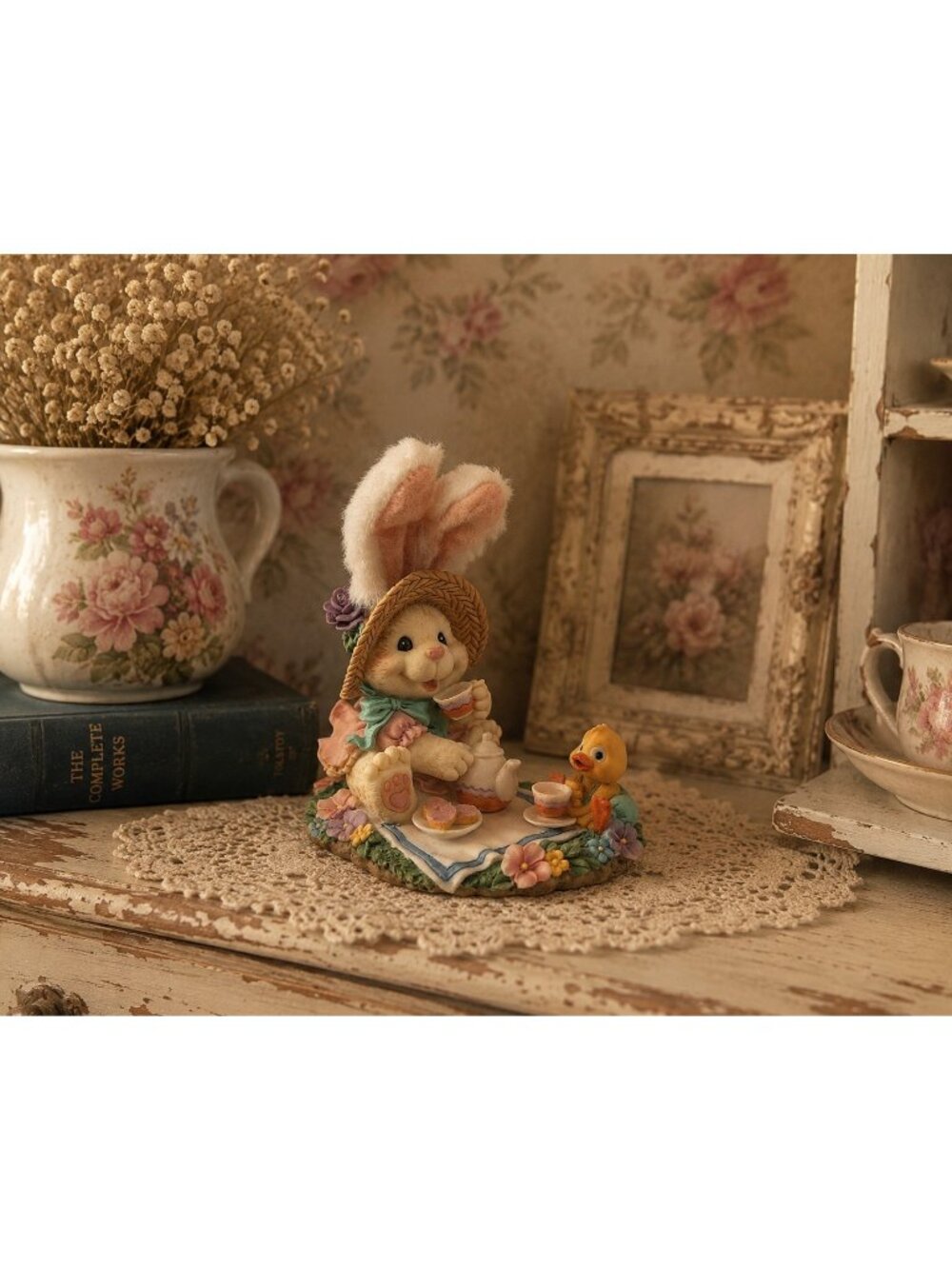 Vintage Easter Bunny Tea Party Figurine Chick Picnic Resin Decor Fuzzy Ears